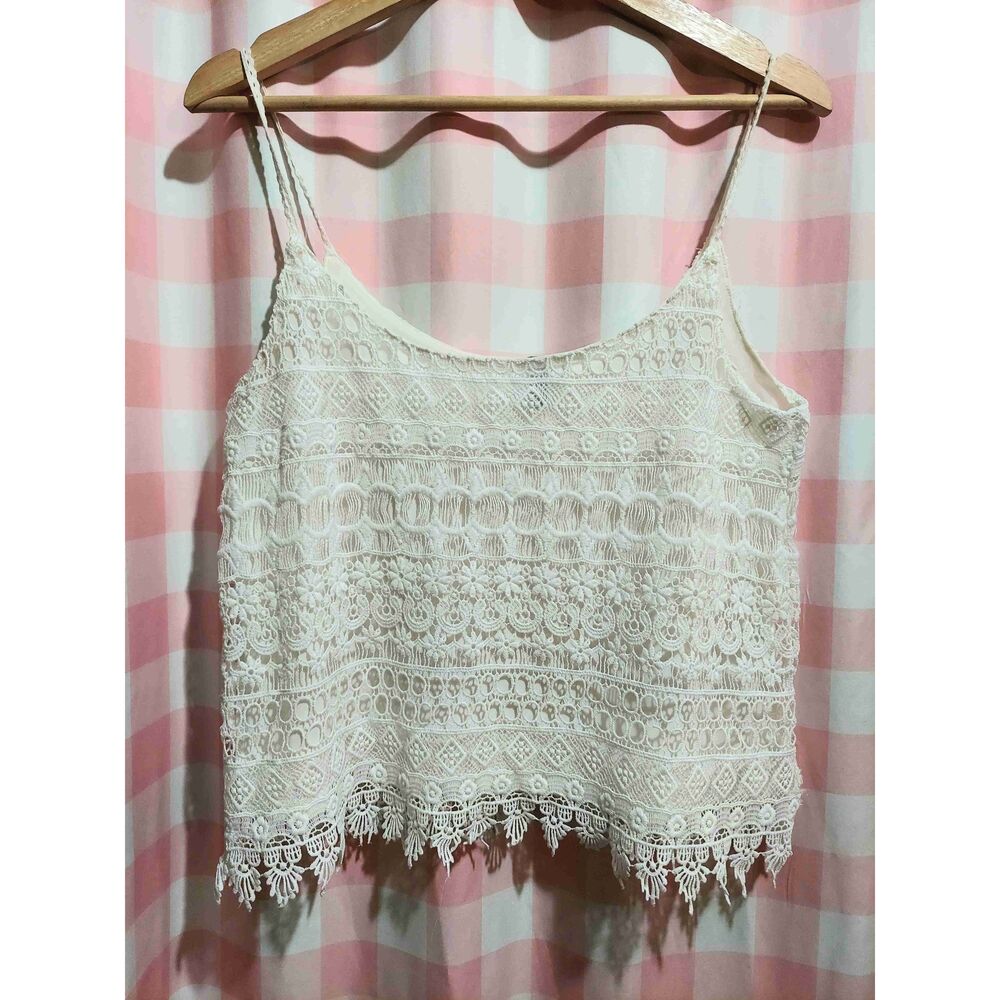 White Lace Fringe Crop Tank Top Size S